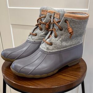 Sperry Gray Felt Duck Boots with Brown Trim